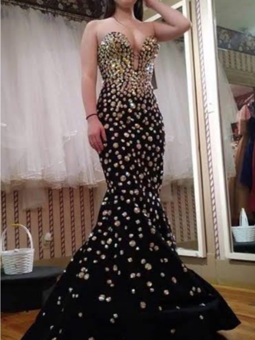 Jovani Black Strapless Mermaid Gown with Gold Embellishments